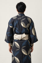 Men's Large Leaf Kimono 'Hiroha' – back view of black large leaf print men's kimono with obi
