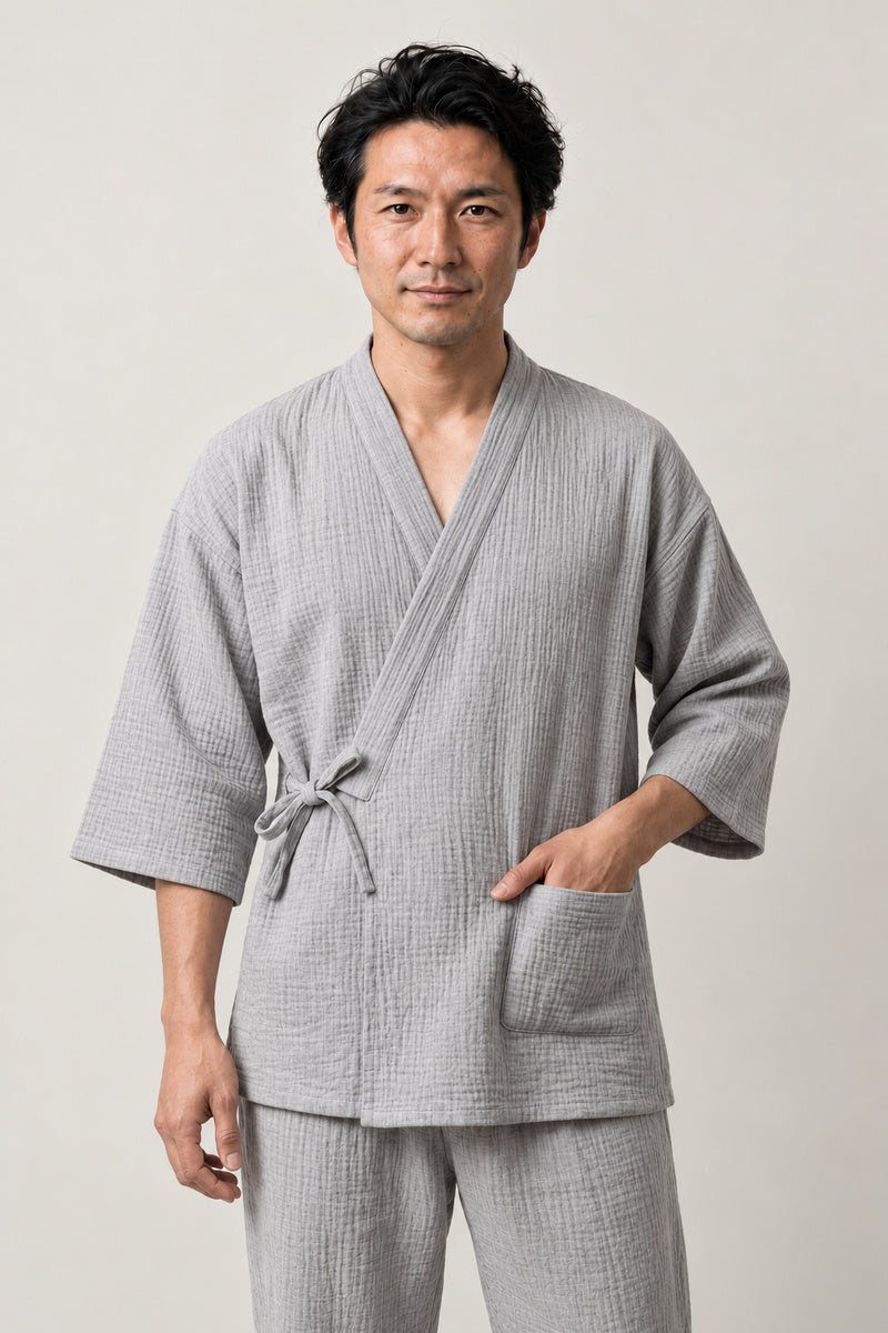 Men's Light Grey Jinbei 'Usugumo' – light grey men's jinbei loungewear, two-piece Japanese jinbei set with side-tie top and shorts, front view on model