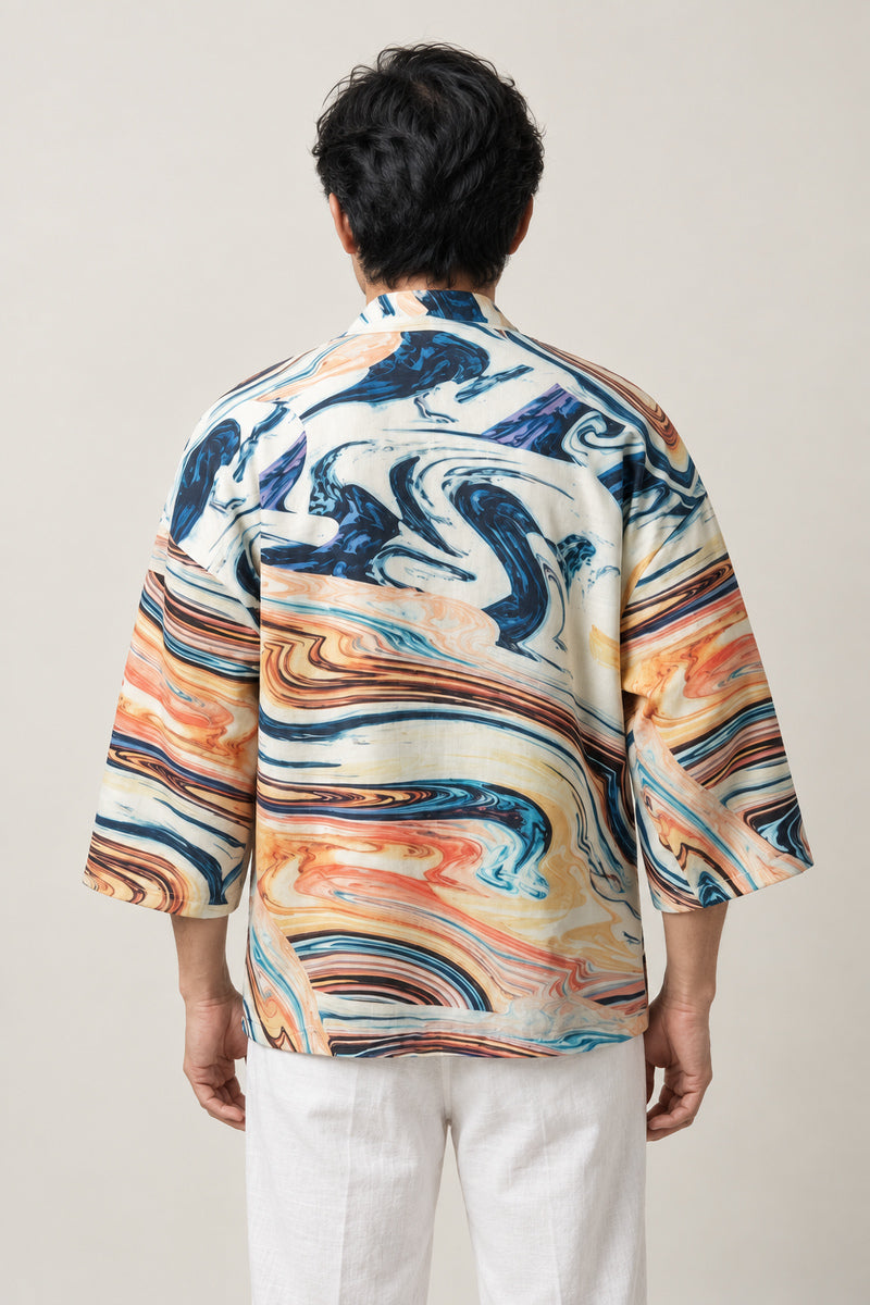 Men's Marbled Wave Kimono Jacket 'Uzushio' – back view of cream kimono jacket with swirling marbled wave print