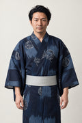 Men's Medallion Kimono 'Tatewaku' – navy men's kimono with round medallion crest print and grey obi belt, Japanese yukata robe, front view on model