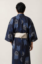 Men's Medallion Kimono 'Tatewaku' – back view of navy medallion print men's kimono with obi