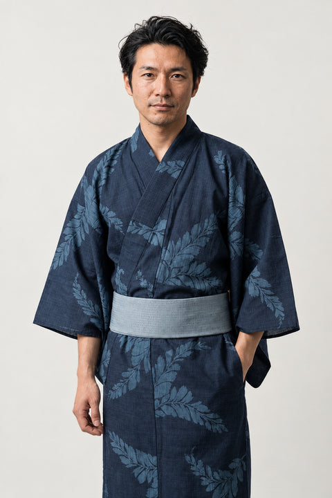 Men's Navy Fern Yukata 'Shinobu' – navy men's yukata with grey fern leaf print and grey obi belt, traditional Japanese kimono robe, front view on model
