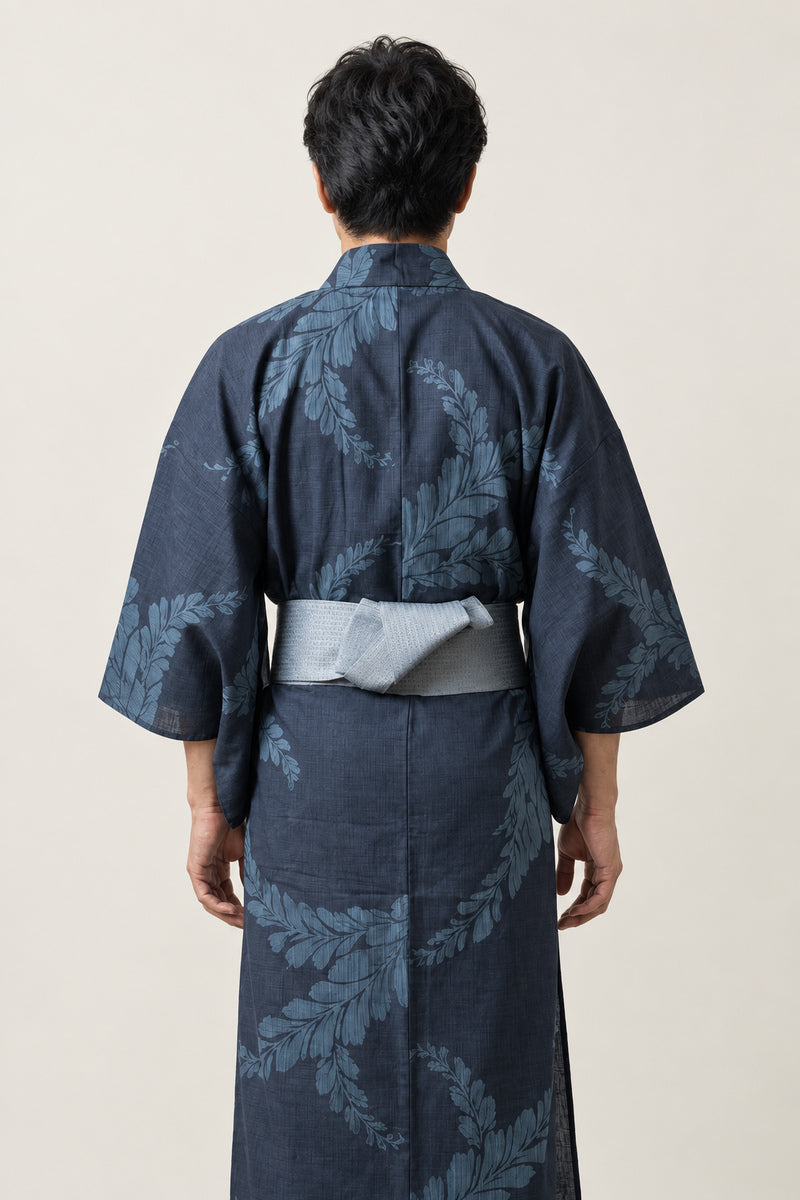 Men's Navy Fern Yukata 'Shinobu' – back view of navy fern print men's yukata with grey obi
