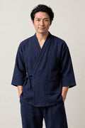 Men's Navy Jinbei Pyjamas 'Tetsukon' – navy men's jinbei pyjamas, two-piece Japanese jinbei set with side-tie top and shorts, front view on model