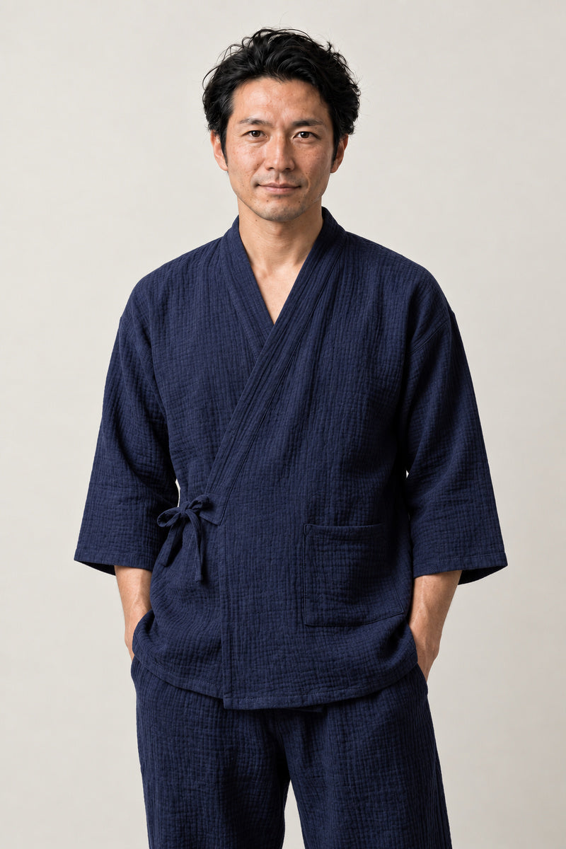 Men's Navy Jinbei Pyjamas 'Tetsukon' – navy men's jinbei pyjamas, two-piece Japanese jinbei set with side-tie top and shorts, front view on model