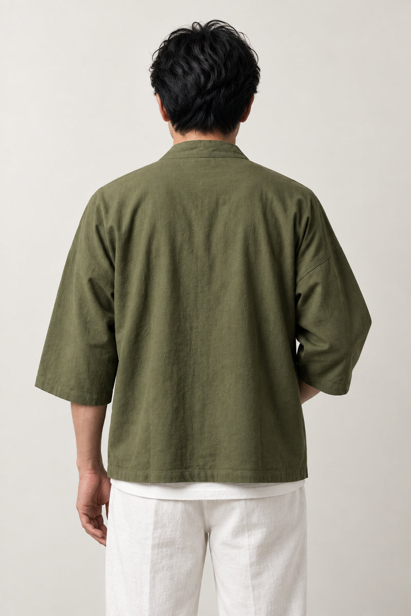 Men's Olive Utility Kimono Jacket 'Uguisu' – back view of olive green kimono utility jacket, men's Japanese work jacket