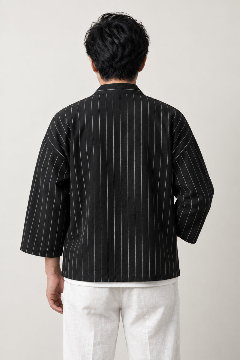 Men's Pinstripe Kimono Jacket 'Sensuji' – back view of black pinstripe kimono jacket, men's Japanese cardigan