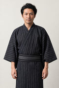 Men's Pinstripe Yukata 'Tatejima' – black pinstripe men's yukata with black obi belt, traditional Japanese kimono robe, full length, front view on model