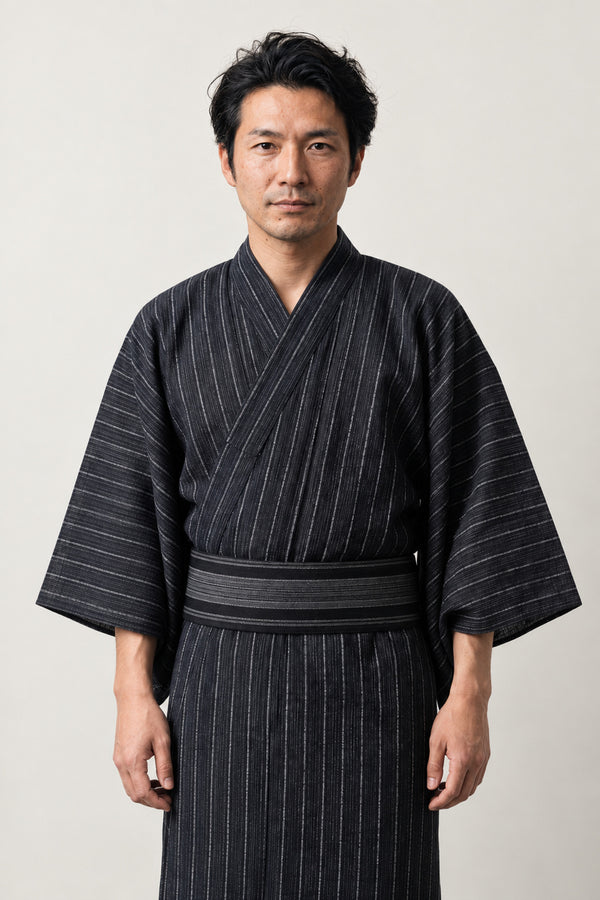 Men's Pinstripe Yukata 'Tatejima' – black pinstripe men's yukata with black obi belt, traditional Japanese kimono robe, full length, front view on model