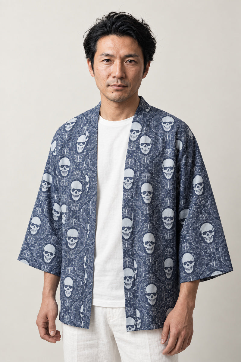 Men's Skull Paisley Kimono Cardigan 'Dokuro' – blue men's kimono cardigan with skull paisley print, Japanese haori style jacket, front view on model