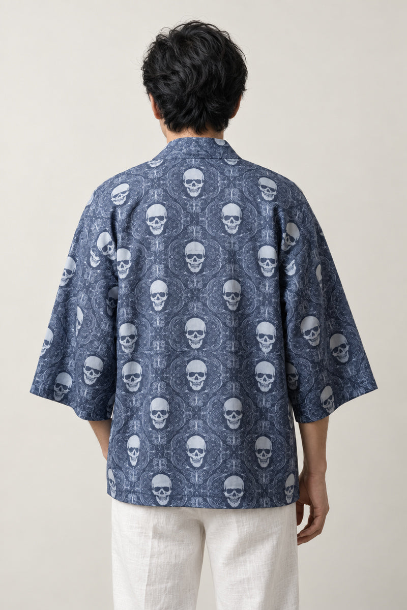 Men's Skull Paisley Kimono Cardigan 'Dokuro' – back view of blue kimono cardigan with all-over skull and paisley pattern