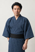 Men's Slate Blue Yukata 'Aonibi' – slate blue men's yukata with black obi belt, traditional Japanese cotton-style kimono robe, full length, front view on model