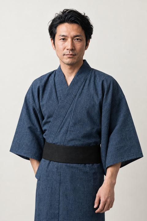 Men's Slate Blue Yukata 'Aonibi' – slate blue men's yukata with black obi belt, traditional Japanese cotton-style kimono robe, full length, front view on model