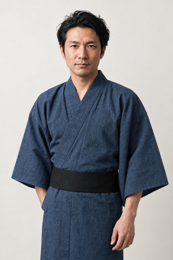 Men's Slate Blue Yukata 'Aonibi' – slate blue men's yukata with black obi belt, traditional Japanese cotton-style kimono robe, full length, front view on model