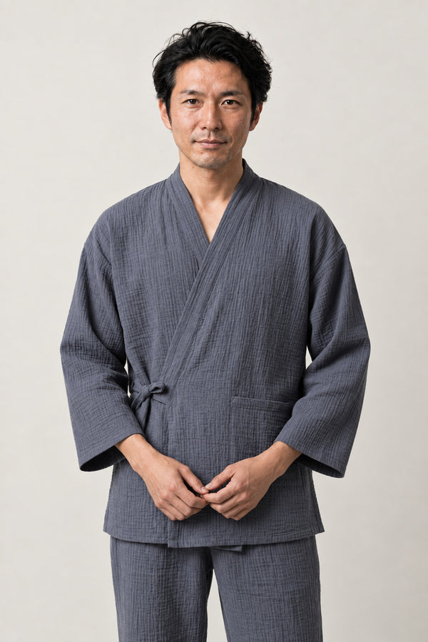 Men's Slate Japanese Pajamas 'Nibiiro' – slate grey men's jinbei pyjamas, two-piece Japanese jinbei set with side-tie top and shorts, front view on model