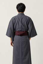 Men's Solid Kimono Robe 'Ainezu' – back view of charcoal grey men's kimono robe with obi, plain Japanese yukata