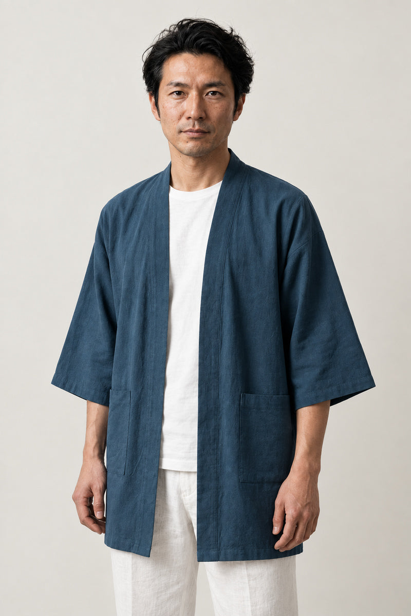 Men's Solid Longline Kimono Jacket 'Nagagi' – plain teal blue men's longline kimono jacket, minimalist Japanese haori style cardigan, front view on model
