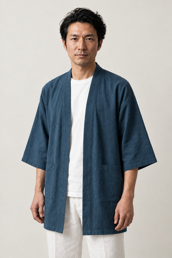 Men's Solid Longline Kimono Jacket 'Nagagi' – plain teal blue men's longline kimono jacket, minimalist Japanese haori style cardigan, front view on model
