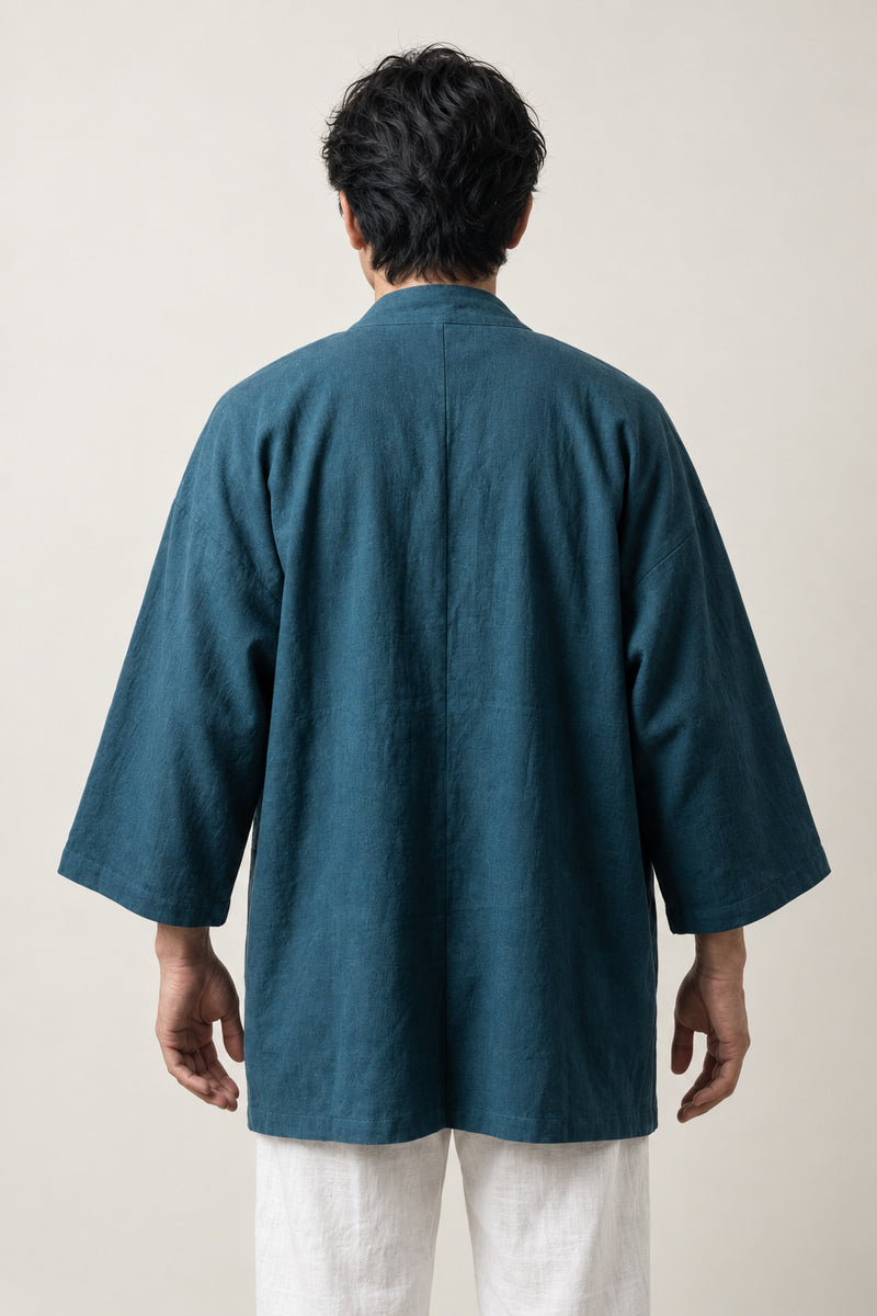 Men's Solid Longline Kimono Jacket 'Nagagi' – back view of plain teal longline kimono jacket, solid colour men's kimono cardigan