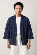 Men's Solid Navy Kimono Jacket 'Kachi-iro' – plain navy blue men's kimono jacket with front tie and pockets, Japanese haori style cardigan, front view on model