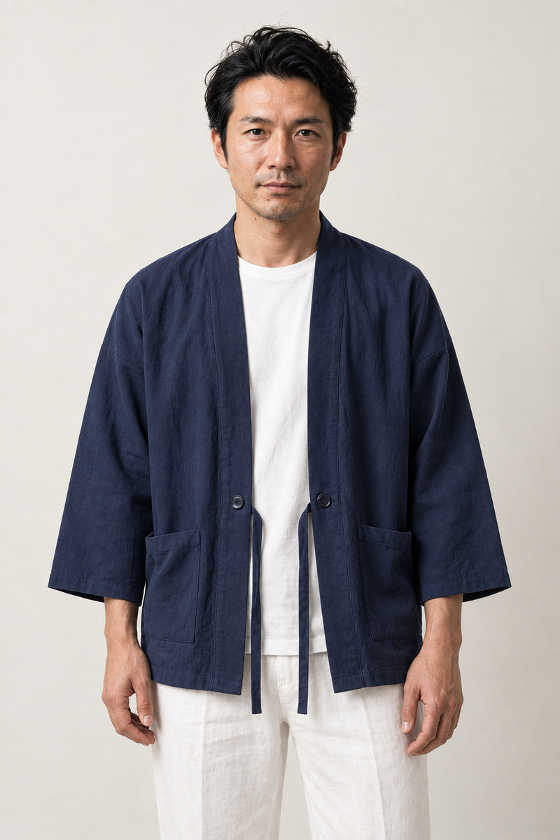 Men's Solid Navy Kimono Jacket 'Kachi-iro' – plain navy blue men's kimono jacket with front tie and pockets, Japanese haori style cardigan, front view on model