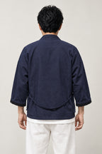 Men's Solid Navy Kimono Jacket 'Kachi-iro' – back view of solid navy kimono jacket, minimalist men's Japanese cardigan