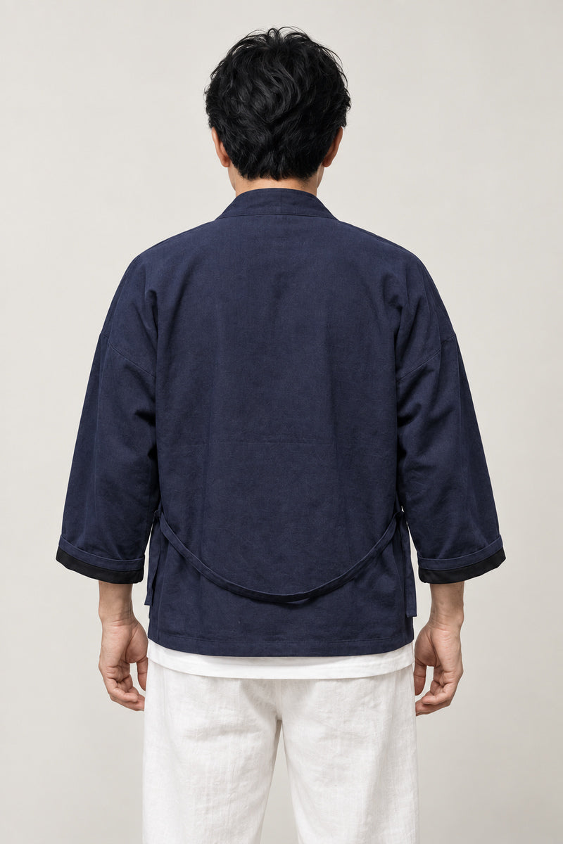 Men's Solid Navy Kimono Jacket 'Kachi-iro' – back view of solid navy kimono jacket, minimalist men's Japanese cardigan