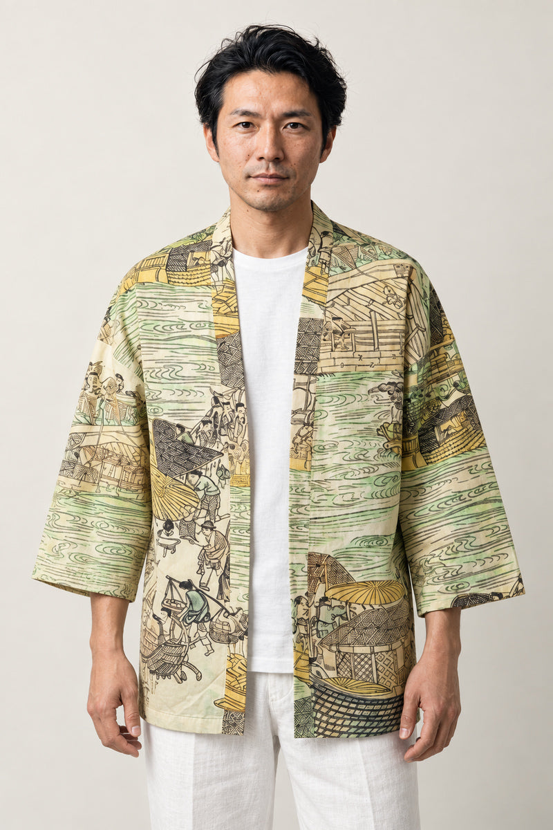 Men's Street Scene Kimono Jacket 'Shitamachi' – men's kimono jacket with Edo street scene ukiyo-e print in green and beige, Japanese haori cardigan, front view on model