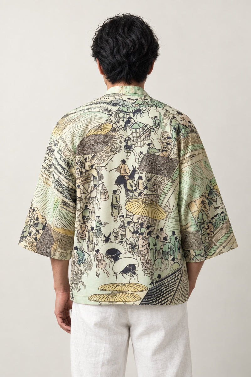 Men's Street Scene Kimono Jacket 'Shitamachi' – back view of kimono jacket showing the old Tokyo street scene print