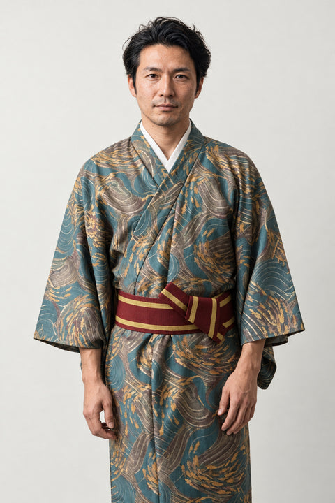 Men's Teal and Gold Kimono 'Kinsusuki' – teal and gold men's kimono with pampas grass print and red obi belt, Japanese yukata robe, front view on model