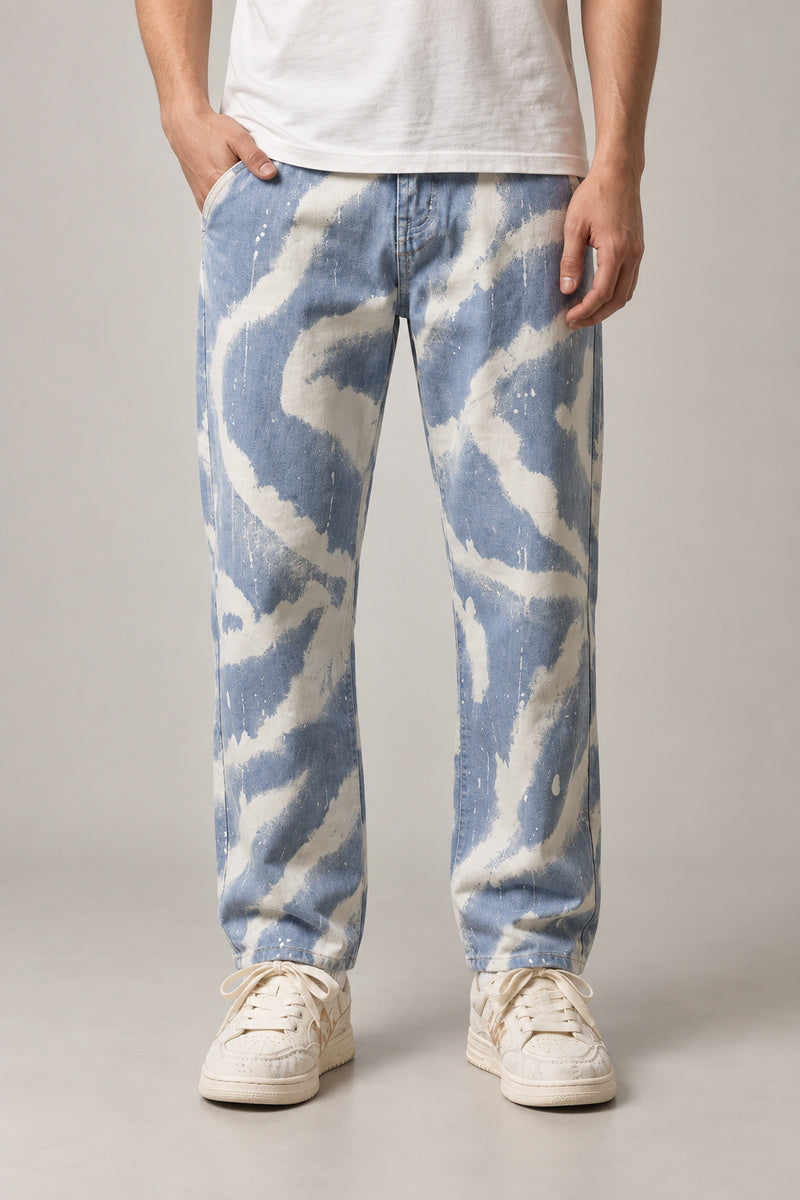 Men's Tie Dye Jeans 'Kumoshibori' – light blue tie dye cloud print men's jeans, Japanese streetwear denim, front view on model
