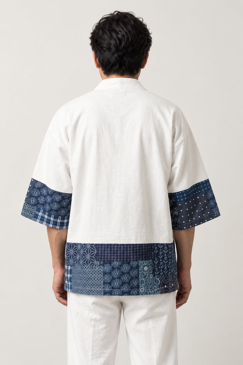 Men's White Patchwork Kimono Jacket 'Aizuri' – back view of white kimono jacket with indigo patchwork border print
