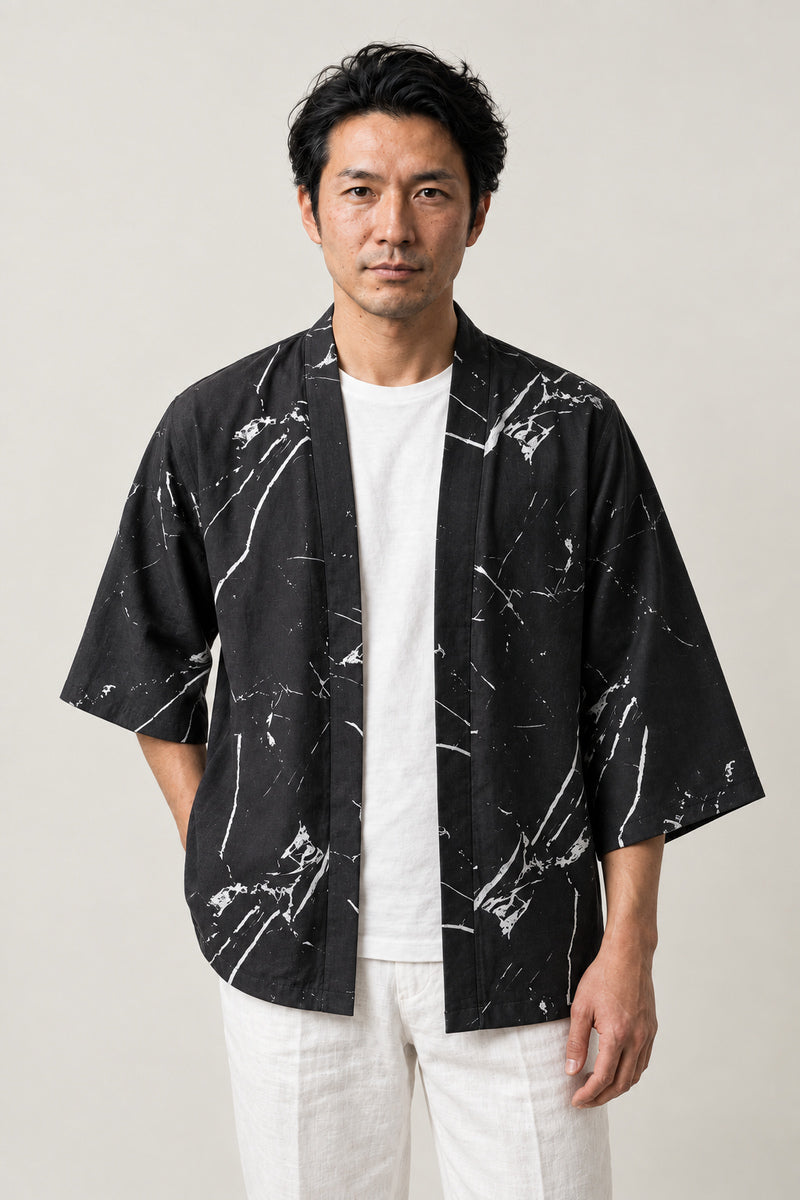Men's Winter Branch Kimono Jacket 'Fuyugare' – black men's kimono jacket with white winter branch print, Japanese haori style cardigan, front view on model