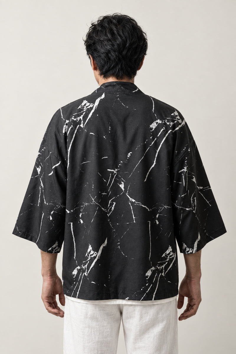 Men's Winter Branch Kimono Jacket 'Fuyugare' – back view of black kimono jacket with white bare branch print