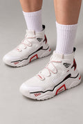 Mid Top Japanese Sneakers 'Nakaba' – white mid top sneakers with knit collar and red detailing, Japanese streetwear sneakers worn with white socks, on model