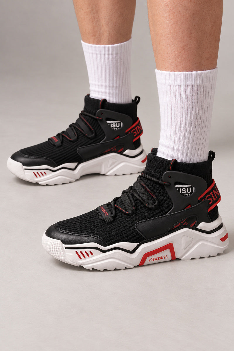 Mid Top Japanese Sneakers 'Nakaba' – black version of the mid top knit collar sneakers with red accents, Japanese streetwear sneakers worn with white socks, on model