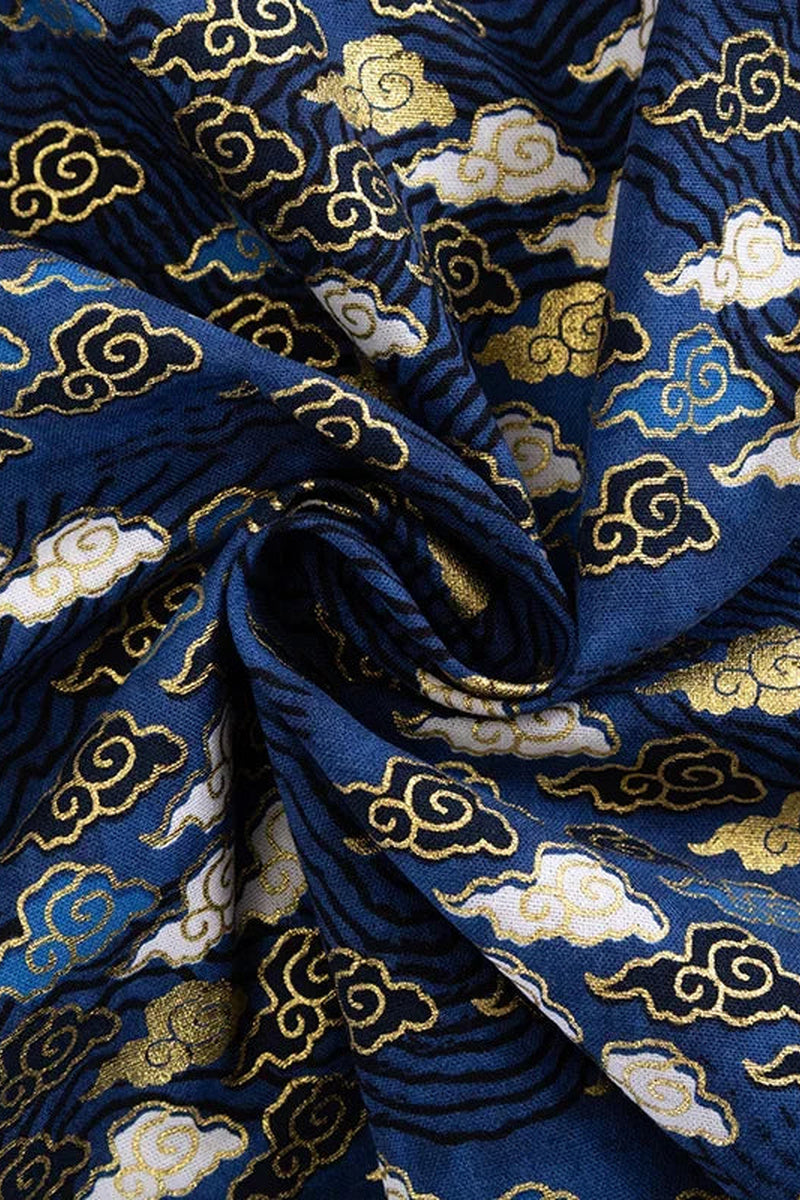 Midnight Cloud Wrapping Cloth 'Yogumo' – blue furoshiki printed with small clouds in gold and white on a wave ground, Japanese furoshiki wrapping cloth 50 by 145 cm, close-up of the print