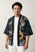 Midnight Dragon Haori Jacket 'Ginryu' – dark teal haori jacket with silver and gold Japanese dragon print, unisex kimono style cardigan, front view on model