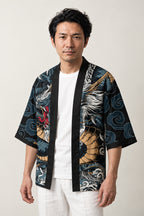 Midnight Dragon Haori Jacket 'Ginryu' – dark teal haori jacket with silver and gold Japanese dragon print, unisex kimono style cardigan, front view on model