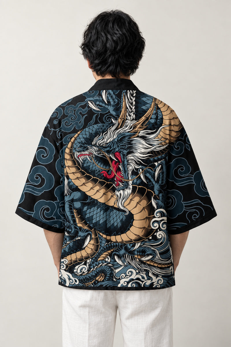 Midnight Dragon Haori Jacket 'Ginryu' – back view of midnight haori showing the full coiled dragon print