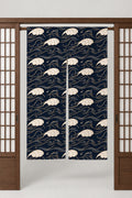 Midnight Navy Wave Noren 'Yonami' – midnight navy noren with cream wave crests in fine line, split Japanese noren door curtain hung on a rod between sliding screens, studio view