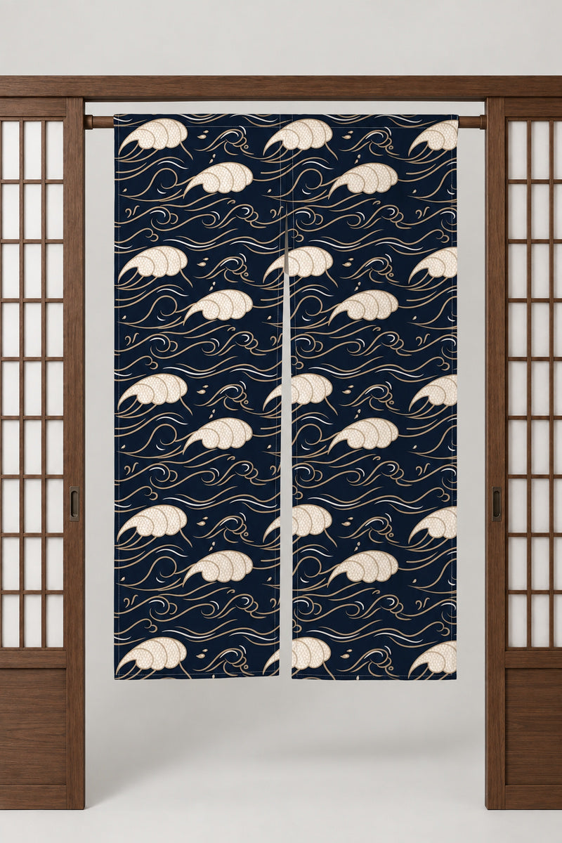Midnight Navy Wave Noren 'Yonami' – midnight navy noren with cream wave crests in fine line, split Japanese noren door curtain hung on a rod between sliding screens, studio view