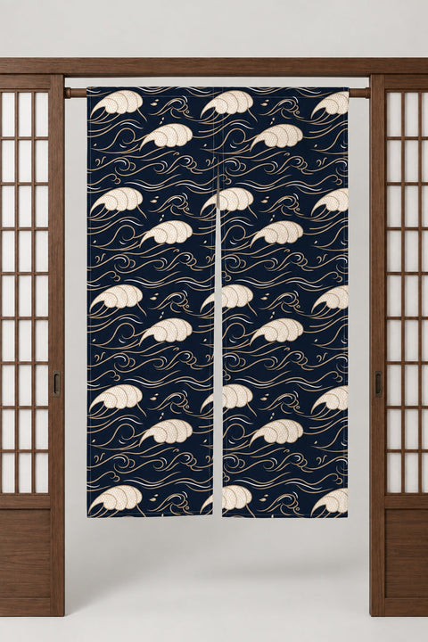 Midnight Navy Wave Noren 'Yonami' – midnight navy noren with cream wave crests in fine line, split Japanese noren door curtain hung on a rod between sliding screens, studio view