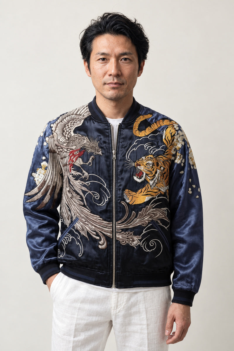 Midnight Phoenix Sukajan 'Houou' – navy and black sukajan with embroidered dragon and phoenix, Japanese sukajan souvenir bomber jacket, front view on model