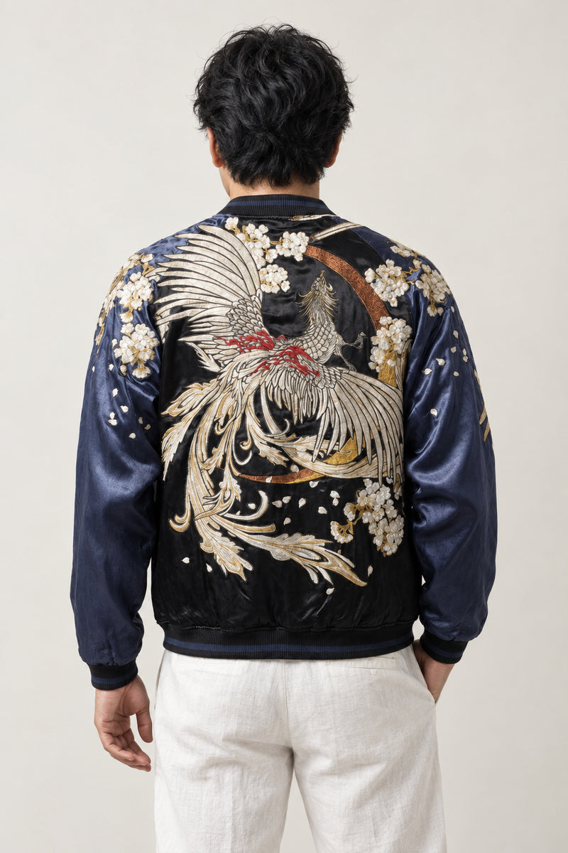Midnight Phoenix Sukajan 'Houou' – back view of navy sukajan showing the embroidered white phoenix and dragon