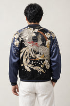 Midnight Phoenix Sukajan 'Houou' – back view of navy sukajan showing the embroidered white phoenix and dragon