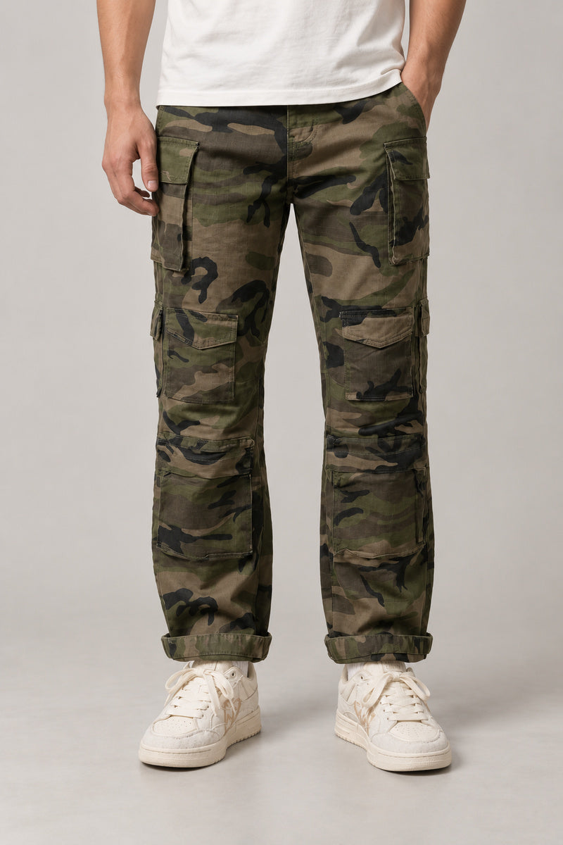 Military Camo Cargo Trousers 'Yaei' – military camouflage cargo trousers with rolled hem, Japanese streetwear trousers, front view on model
