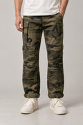 Military Camo Cargo Trousers 'Yaei' – military camouflage cargo trousers with rolled hem, Japanese streetwear trousers, front view on model