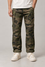Military Camo Cargo Trousers 'Yaei' – military camouflage cargo trousers with rolled hem, Japanese streetwear trousers, front view on model