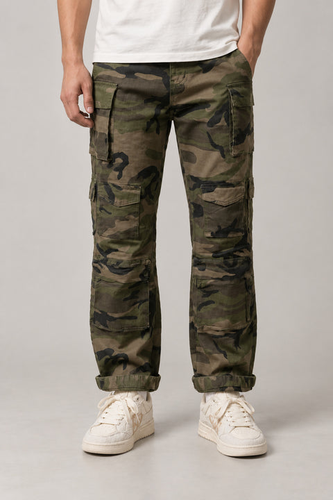Military Camo Cargo Trousers 'Yaei' – military camouflage cargo trousers with rolled hem, Japanese streetwear trousers, front view on model